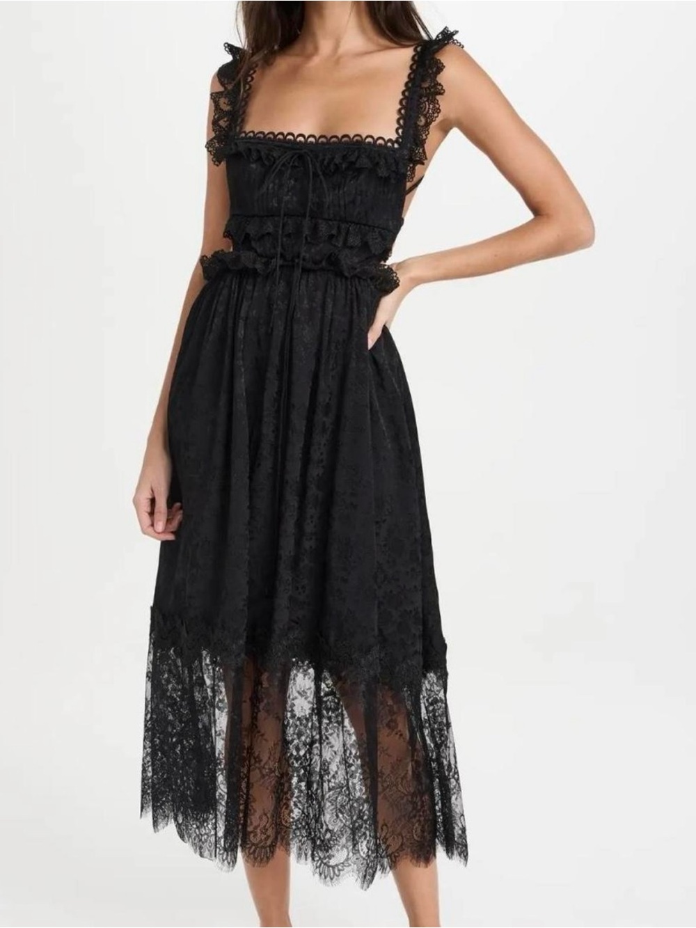 For Love and Lemons Black Lace Midi Dress with Ruffle Bodice
